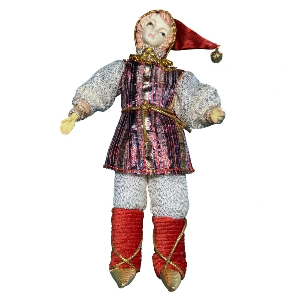 Jester Harlequin Doll Ornament Red Gold‎ Metallic Vintage Style 8.5